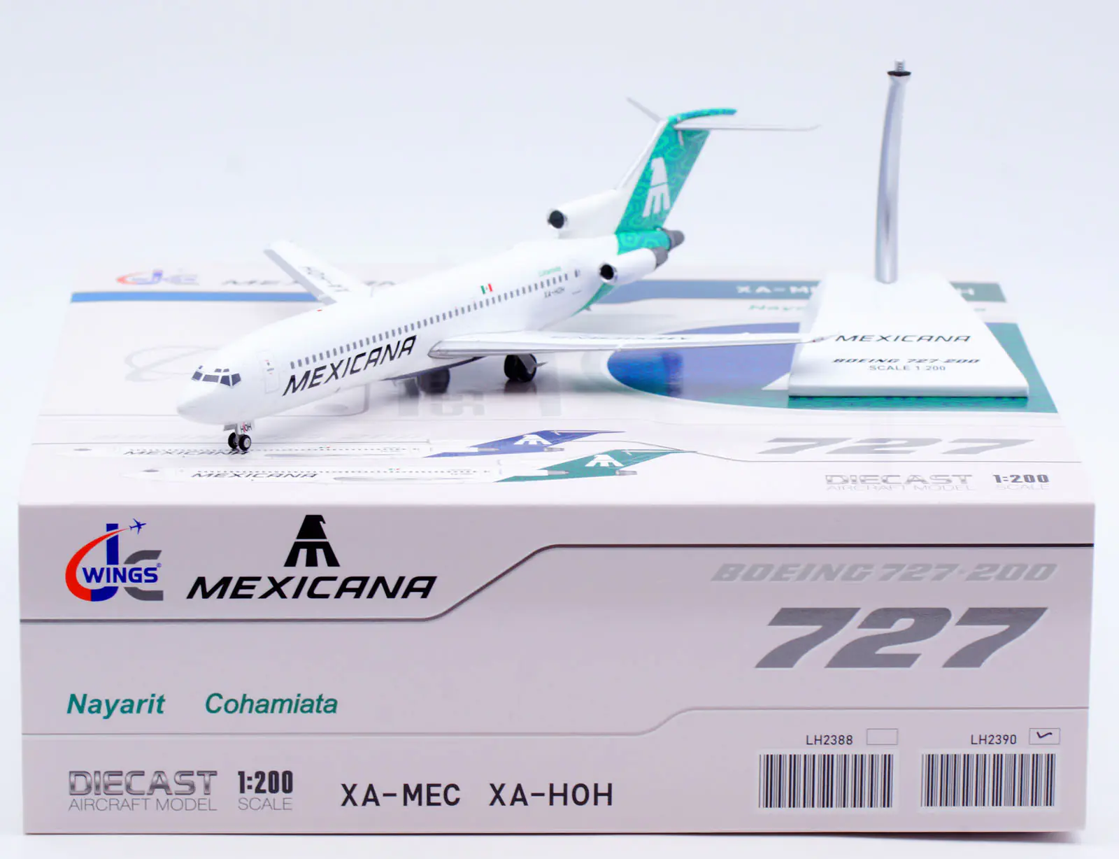 Collectible Diecast Aircraft Model Boeing B727-200 LH2390 JC Wings 1:200 Mexicana Airlines Reg: XA-HOH