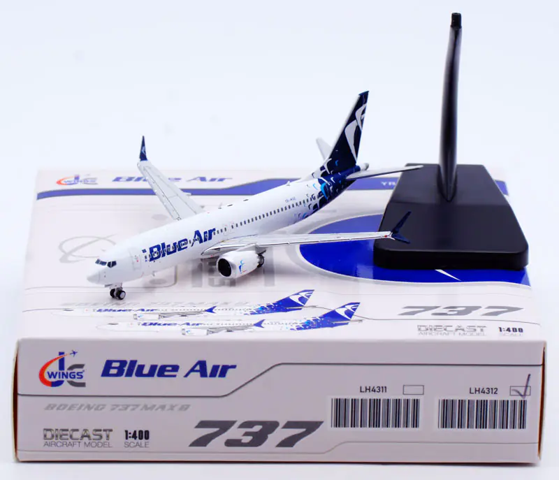 Collectible Diecast Aircraft Model Boeing B737-8 Max LH4312 JC Wings 1:400 Blue Air Reg: YR-MXE