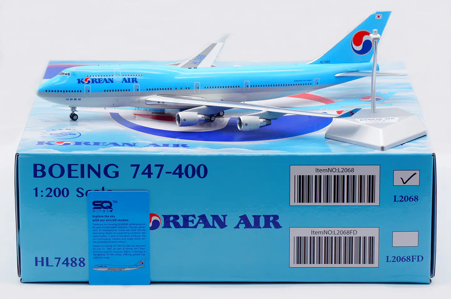 Collectible Diecast Aircraft Model Boeing B747-400 L2068 SQ Wings 1:200 Korean Air Reg: HL7488