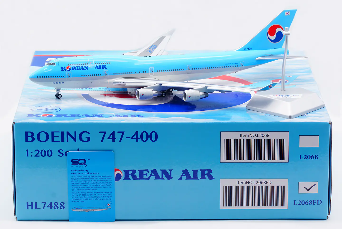 Collectible Diecast Aircraft Model Boeing B747-400 L2068FDSQ Wings 1:200 Korean Air Reg: HL7488 Flaps Down