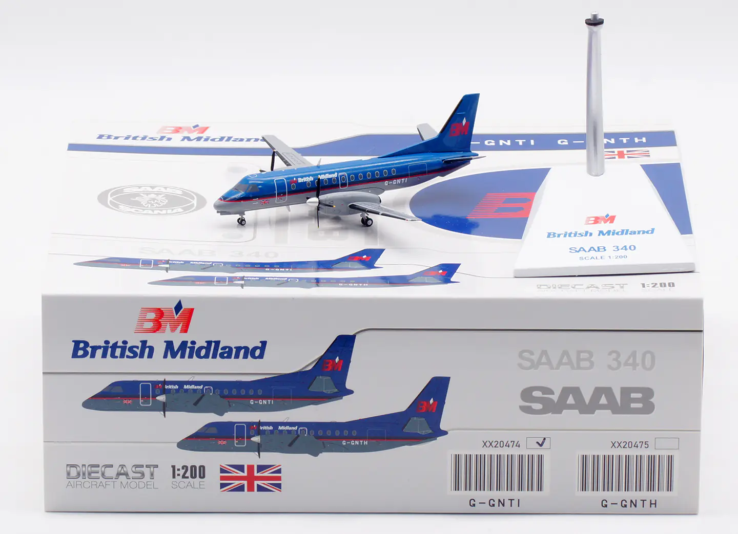 Collectible Diecast Aircraft Model Saab 340B XX20474 JC Wings 1:200 British Midland Reg: G-GNTI