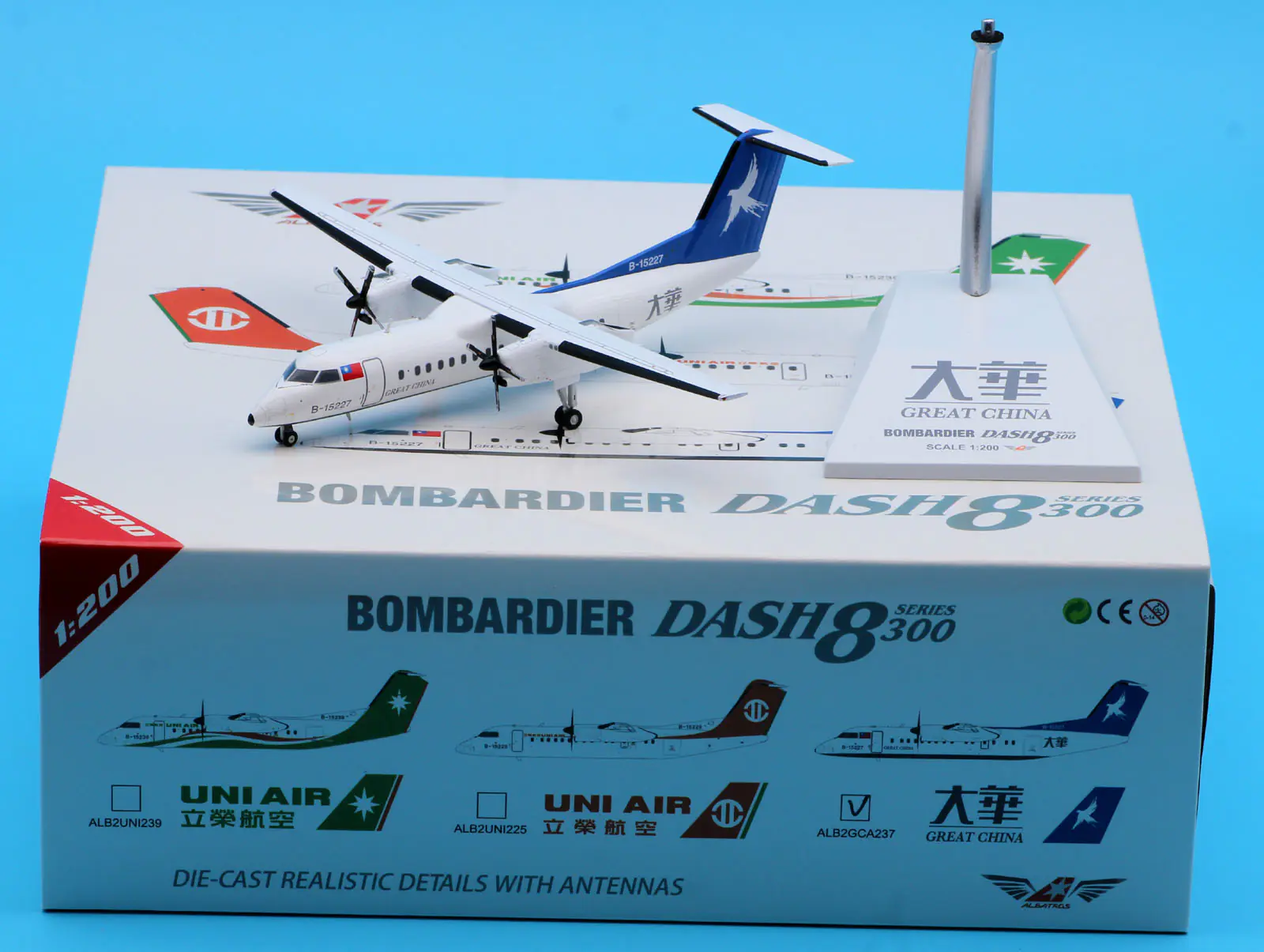 Collectible Diecast Aircraft Model Bombardier Dash8-Q300 ALB2GCA237 JC Wings 1:200 Great China Air Reg: B-15227