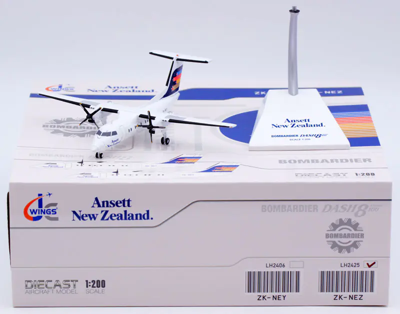Collectible Diecast Aircraft Model Bombardier Dash8-Q100 LH2425 JC Wings 1:200 Ansett New Zealand Reg: ZK-NEZ