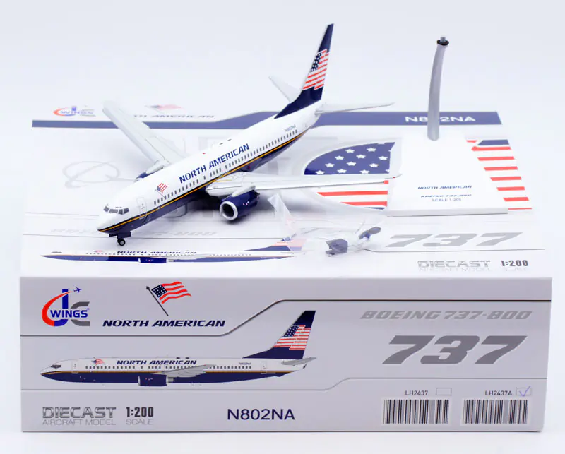 Collectible Diecast Aircraft Model Boeing B737-800 LH2437A JC Wings 1:200 North American Airlines Reg: N802NA Flaps Down
