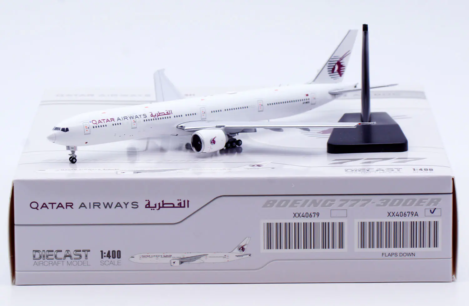 Collectible Diecast Aircraft Model Boeing B777-300ER XX40679A JC Wings 1:400 Qatar Airways [All White] Reg: A7-BOC Flaps Down