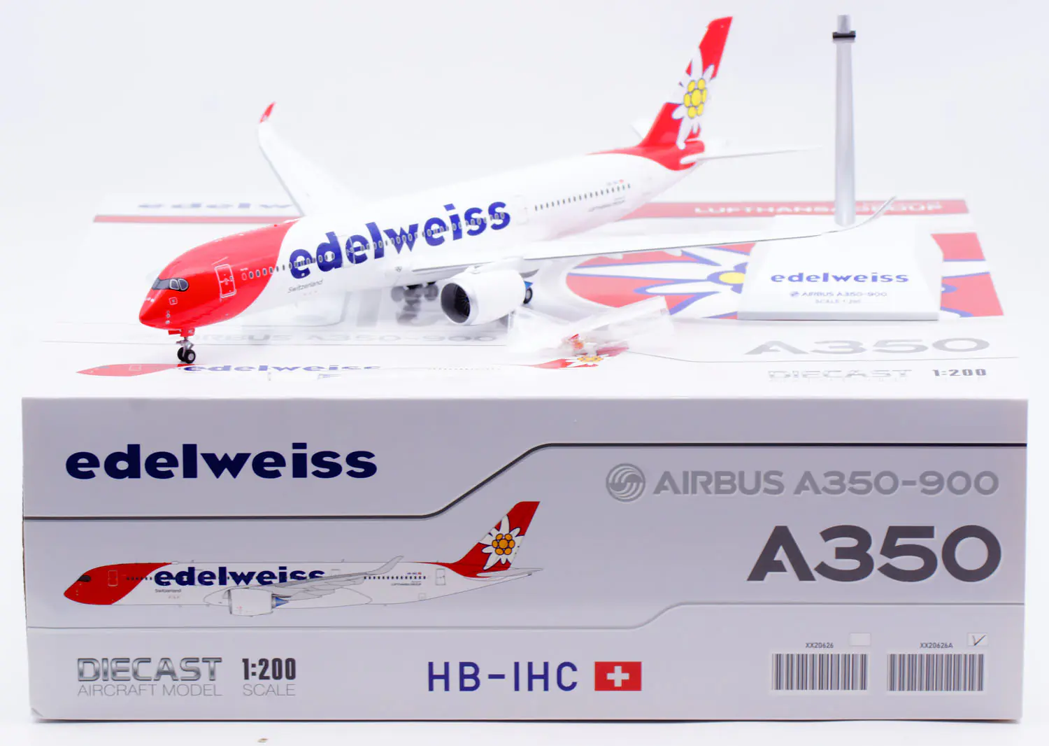 Collectible Diecast Aircraft Model Airbus A350-900XWB XX20626A JC Wings 1:200 Edelweiss Air Reg: HB-IHC Flaps Down