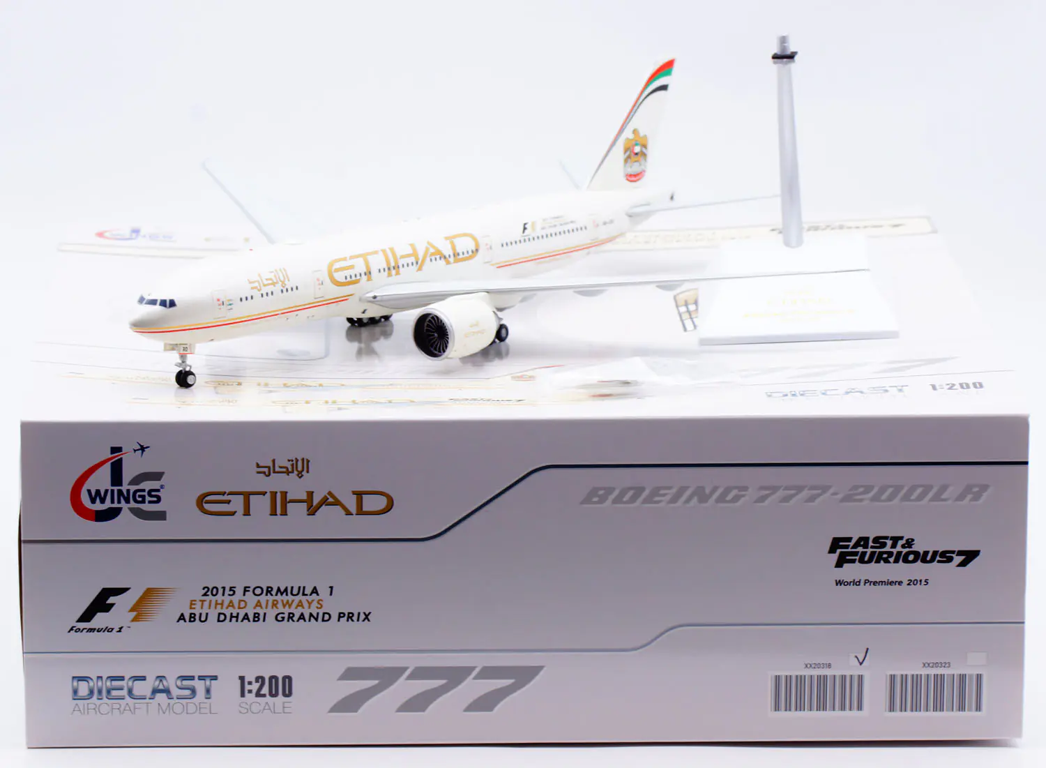 Collectible Diecast Aircraft Model Boeing 777-200LR XX20318 JC Wings 1:200 Etihad Airways "2015 Formula 1" Reg: A6-LRD