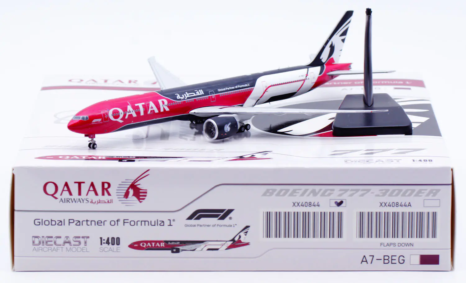 Collectible Diecast Aircraft Model Boeing B777-300ER XX40844 JC Wings 1:400 Qatar Airways [Formula 1] Reg: A7-BEG
