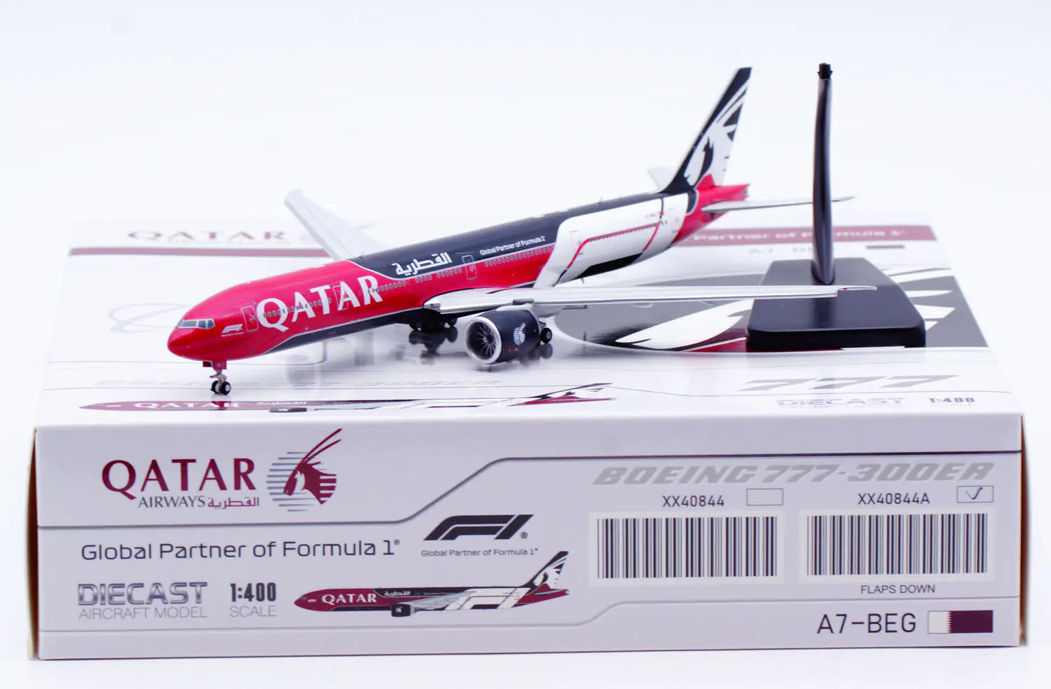 Collectible Diecast Aircraft Model Boeing B777-300ER XX40844A JC Wings 1:400 Qatar Airways [Formula 1] Reg: A7-BEG Flaps Down