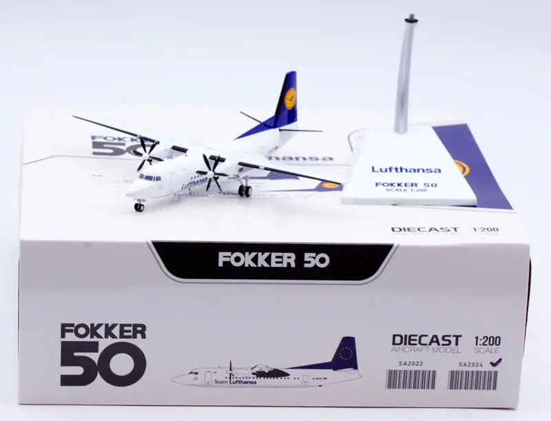 Collectible Diecast Aircraft Model Fokker 50 SA2024 JC Wings 1:200 Lufthansa Airlines Reg: D-AFFH