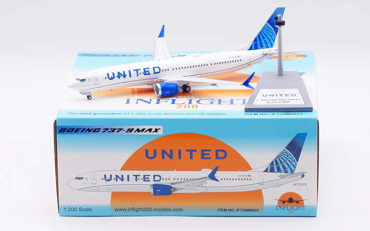Collectible Diecast Aircraft Model Boeing B737-9 MAX IF739M0825 INFLIGHT 1:200 United Airlines Reg: N77575