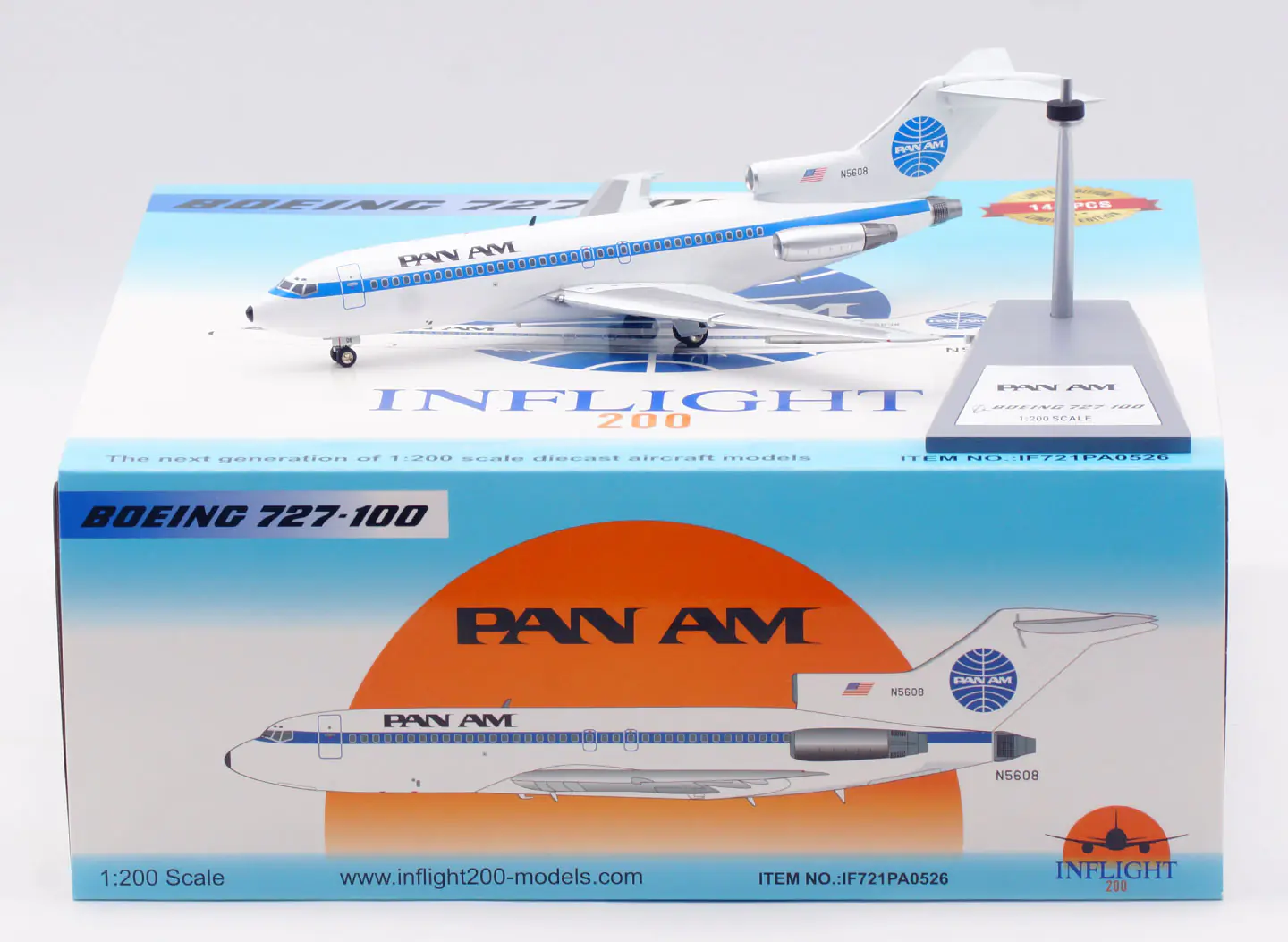 Collectible Diecast Aircraft Model Boeing B727-100 IF721PA0526 INFLIGHT 1:200 Pan American World Airways - Pan Am Reg: N5608