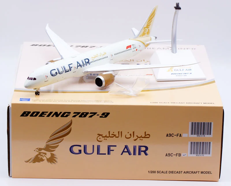 Collectible Diecast Aircraft Model Boeing B787-9 XX2135 JC Wings 1:200 Gulf Air Reg: A9C-FB