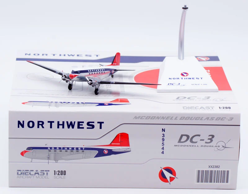 Collectible Diecast Aircraft Model MCDONNELL DOUGLAS DC-3 XX2382 JC Wings 1:200 Northwest Airlines Reg: N39544