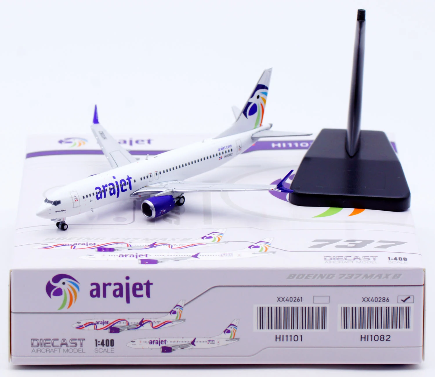 Collectible Diecast Aircraft Model Boeing B737 MAX 8 XX40286 JC Wings 1:400 Arajet Reg: HI1082