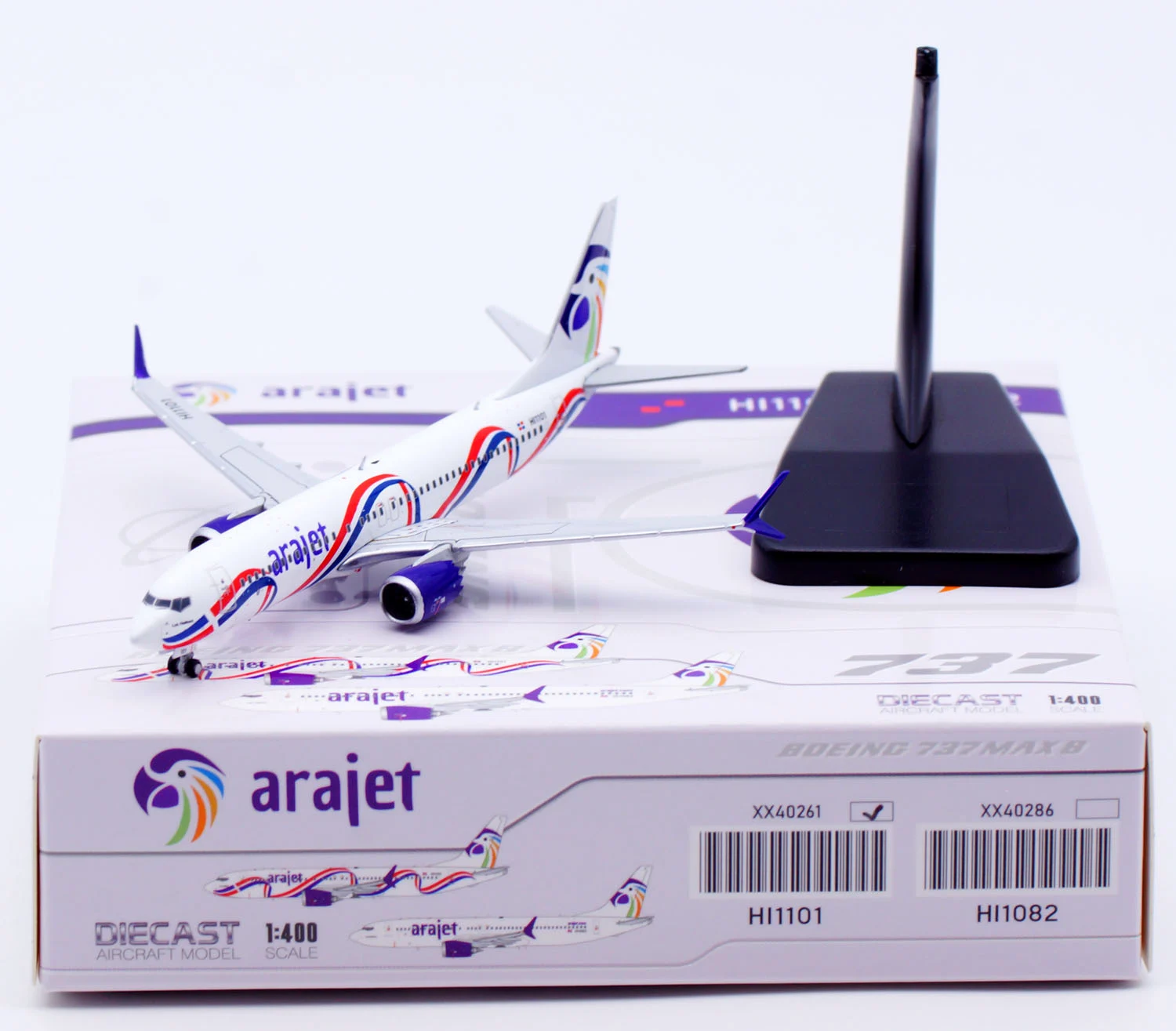 Collectible Diecast Aircraft Model Boeing B737 MAX 8 XX40261 JC Wings 1:400 Arajet [Dominican Republic flag ] Reg: HI1101