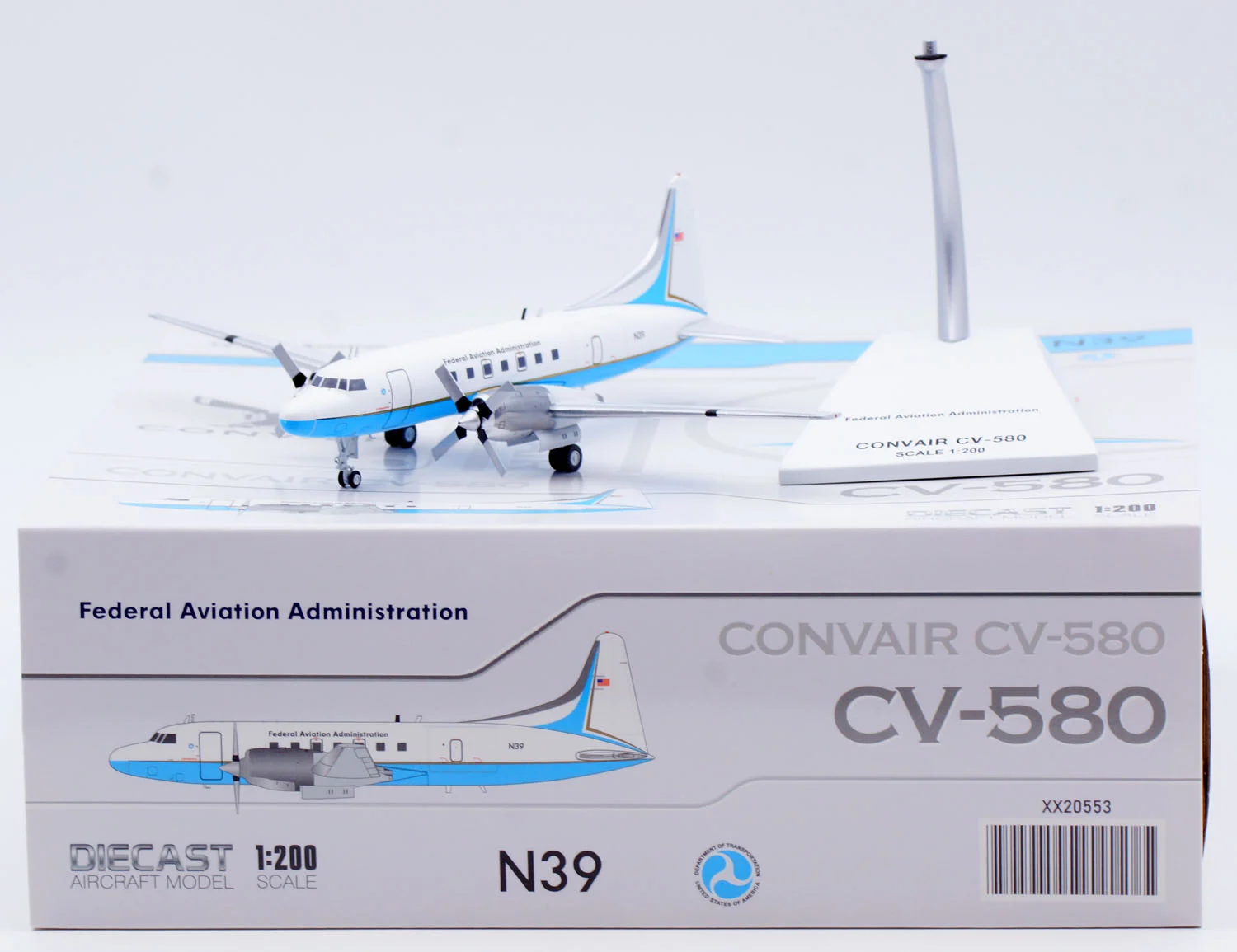 Collectible Diecast Aircraft Model Convair CV580 XX20553 JC Wings 1:200 FAA Federal Aviation Administration Reg: N39