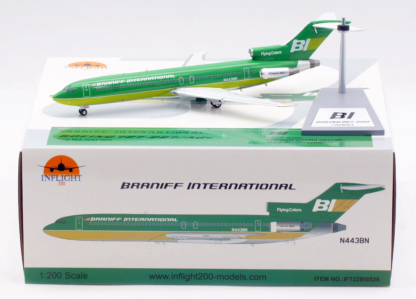 Collectible Diecast Aircraft Model Boeing B727-200 IF722BI0526 INFLIGHT 1:200 Braniff International Airways Reg: N443BN