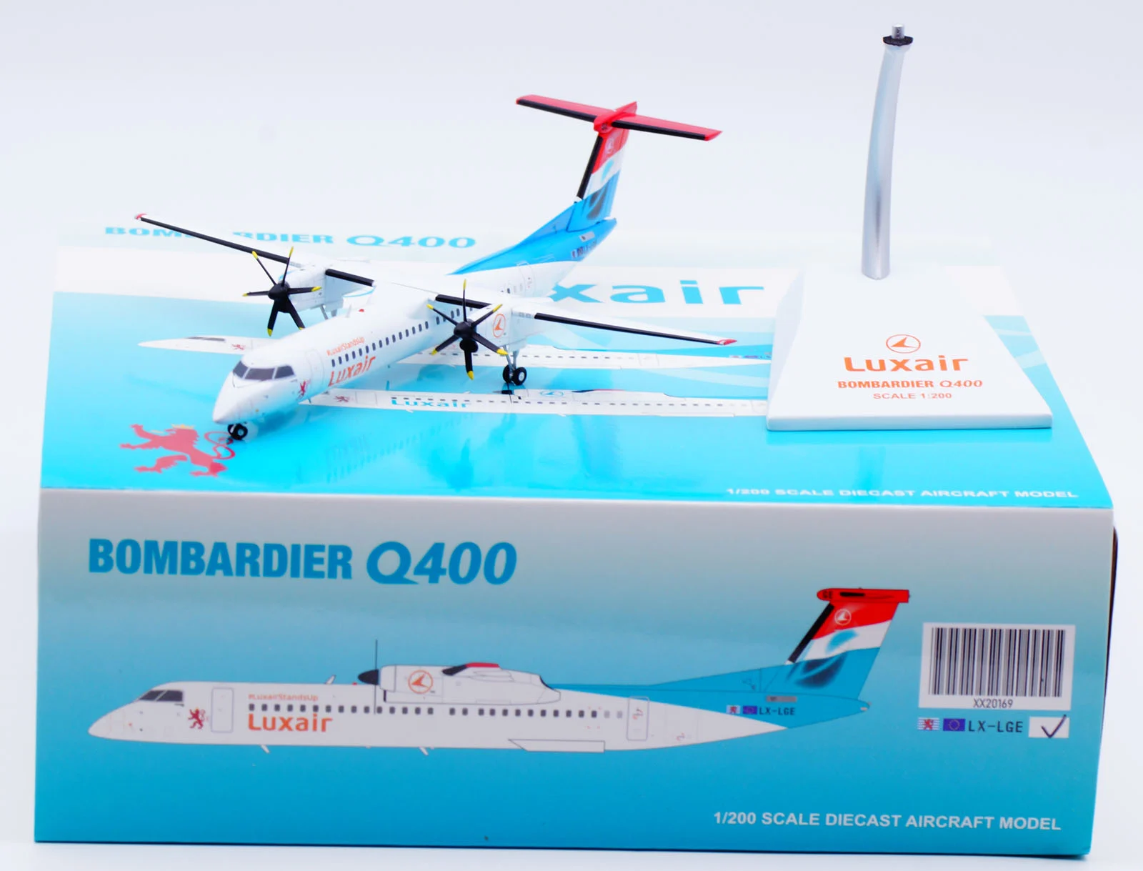 Collectible Diecast Aircraft Model Bombardier Dash8-Q400 XX20169 JC Wings 1:200 Luxair Reg: LX-LGE