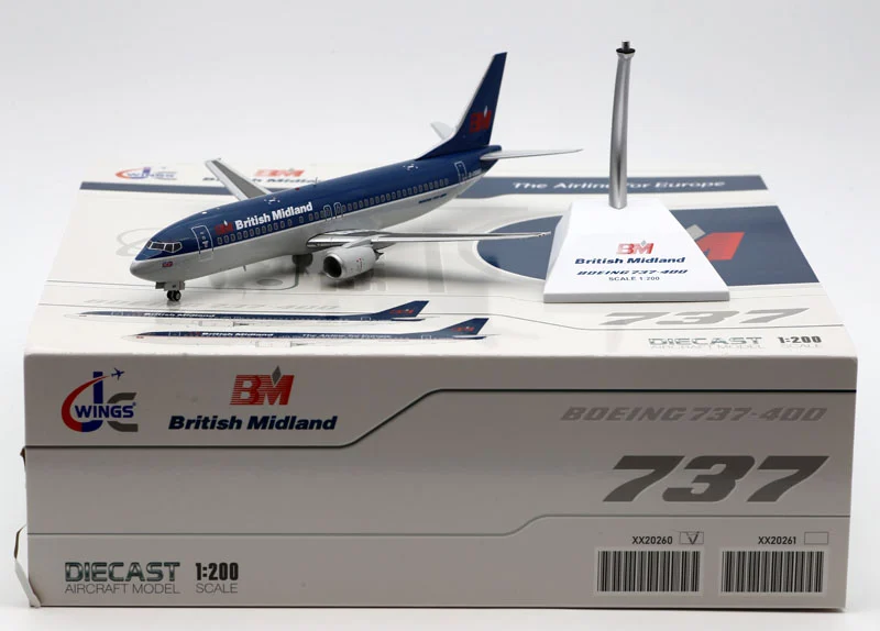 Collectible Diecast Aircraft Model Boeing B737-400 XX20260 JC Wings 1:200 British Midland Airways Reg: G-OBME