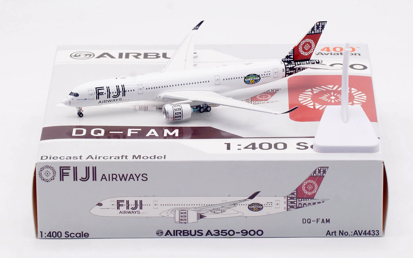 Collectible Diecast Aircraft Model Airbus A350-900 AV4433 "Survivor 50" Aviation 1:400 Fiji Airways Reg: DQ-FAM