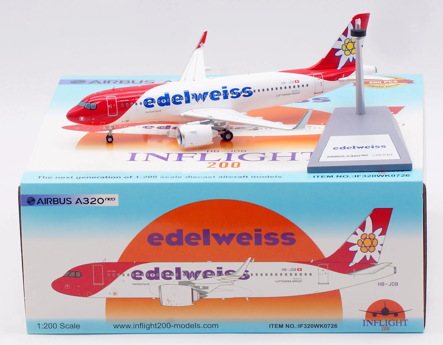 Collectible Diecast Aircraft Model Airbus A320neo IF320WK0726 INFLIGHT 1:200 Edelweiss Air Reg: HB-JDB