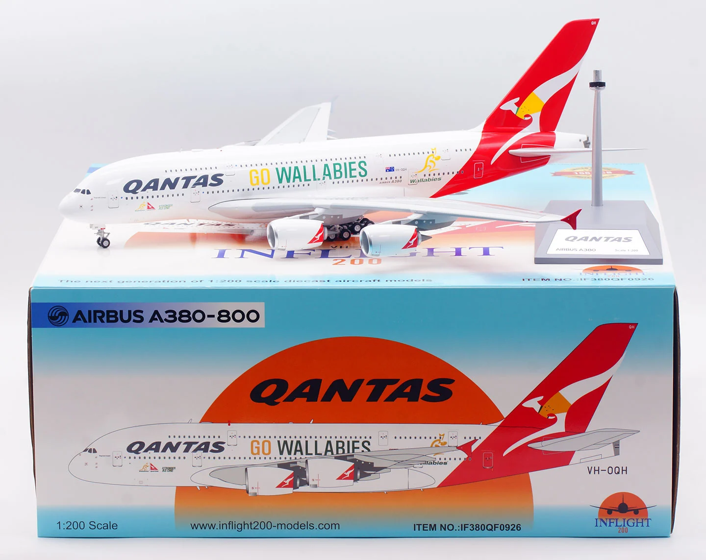 Collectible Diecast Aircraft Model Airbus A380-800 IF380QF0926 "GO WALLABIES" INFLIGHT 1:200 Qantas Airways Reg: VH-OQH