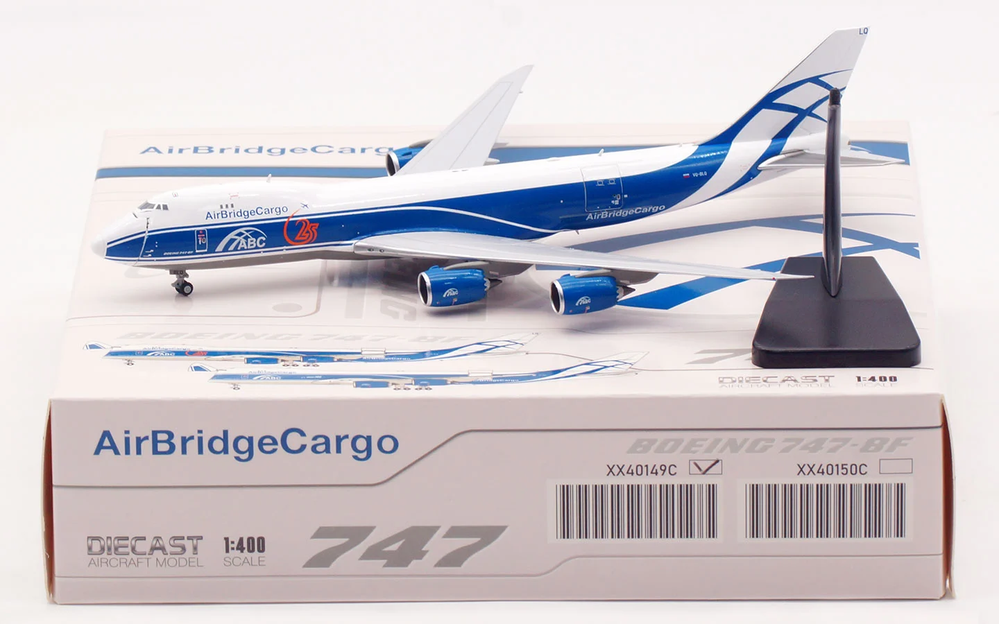 Collectible Diecast Aircraft Model Boeing B747-8F XX40149C [25th ] JC Wings 1:400 Air Bridge Cargo Reg: LX-VCC (Interactive Series)