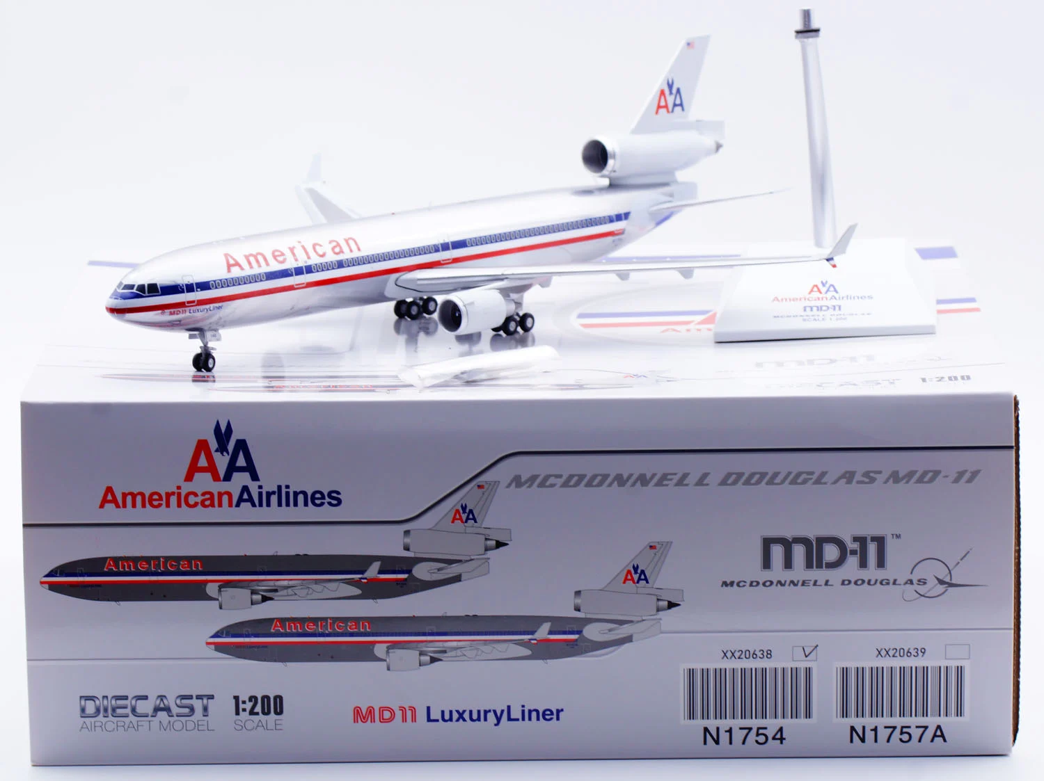 Collectible Diecast Aircraft Model MCDONNELL Douglas MD-11 XX20638 [Polished] JC Wings 1:200 American Airlines Reg: N1754