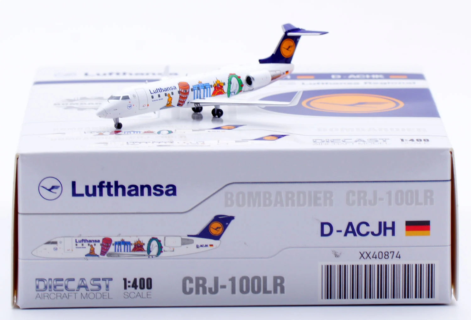 Collectible Diecast Aircraft Model Bombardier CRJ-200LR XX40874 [Little Europe Livery] JC Wings 1:400 Lufthansa Reg: D-ACJH