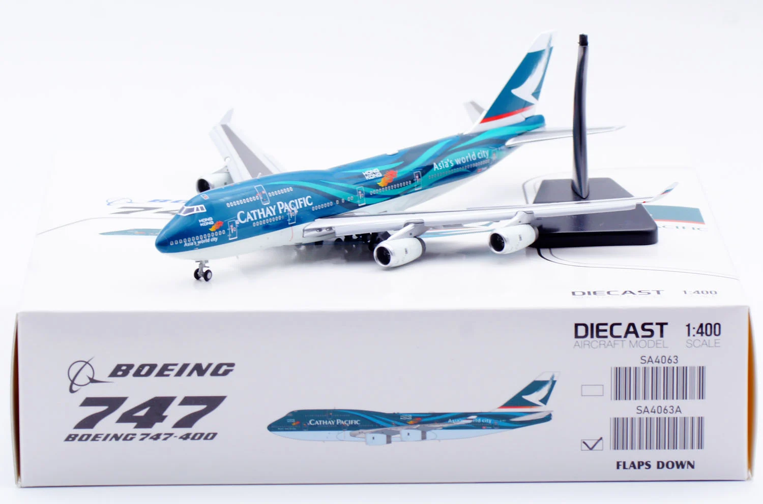 Collectible Diecast Aircraft Model Boeing B747-400 SA4063 [Asia's World City] JC Wings 1:400 Cathay Pacific Reg: B-HOY Flaps Down