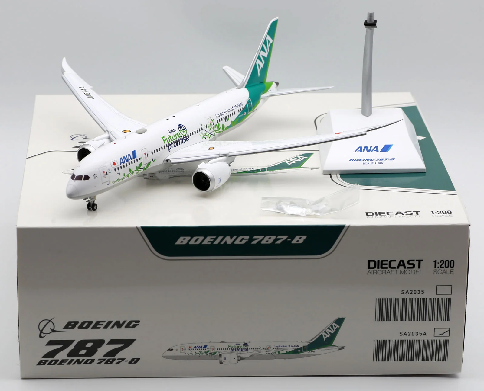 Collectible Diecast Aircraft Model Boeing B787-8 SA2035A JC Wings 1:200 All Nippon Airways ANA Reg: JA874A Flaps Down
