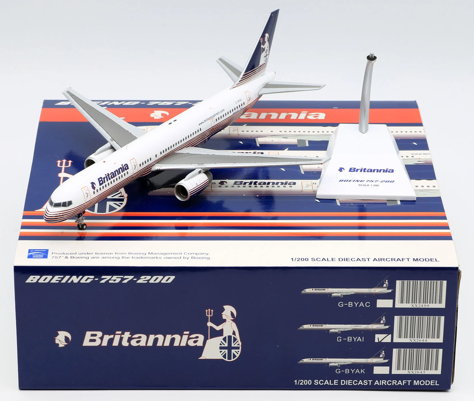 Collectible Diecast Aircraft Model Boeing B757-200 XX2644 JC Wings 1:200 Britannia Airways Reg: G-BYAI