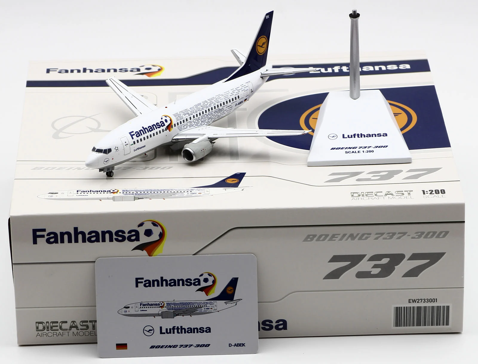 Collectible Diecast Aircraft Model Boeing B737-300 EW2733001 JC Wings 1:200 Lufthansa Fanhansa Reg: D-ABEK