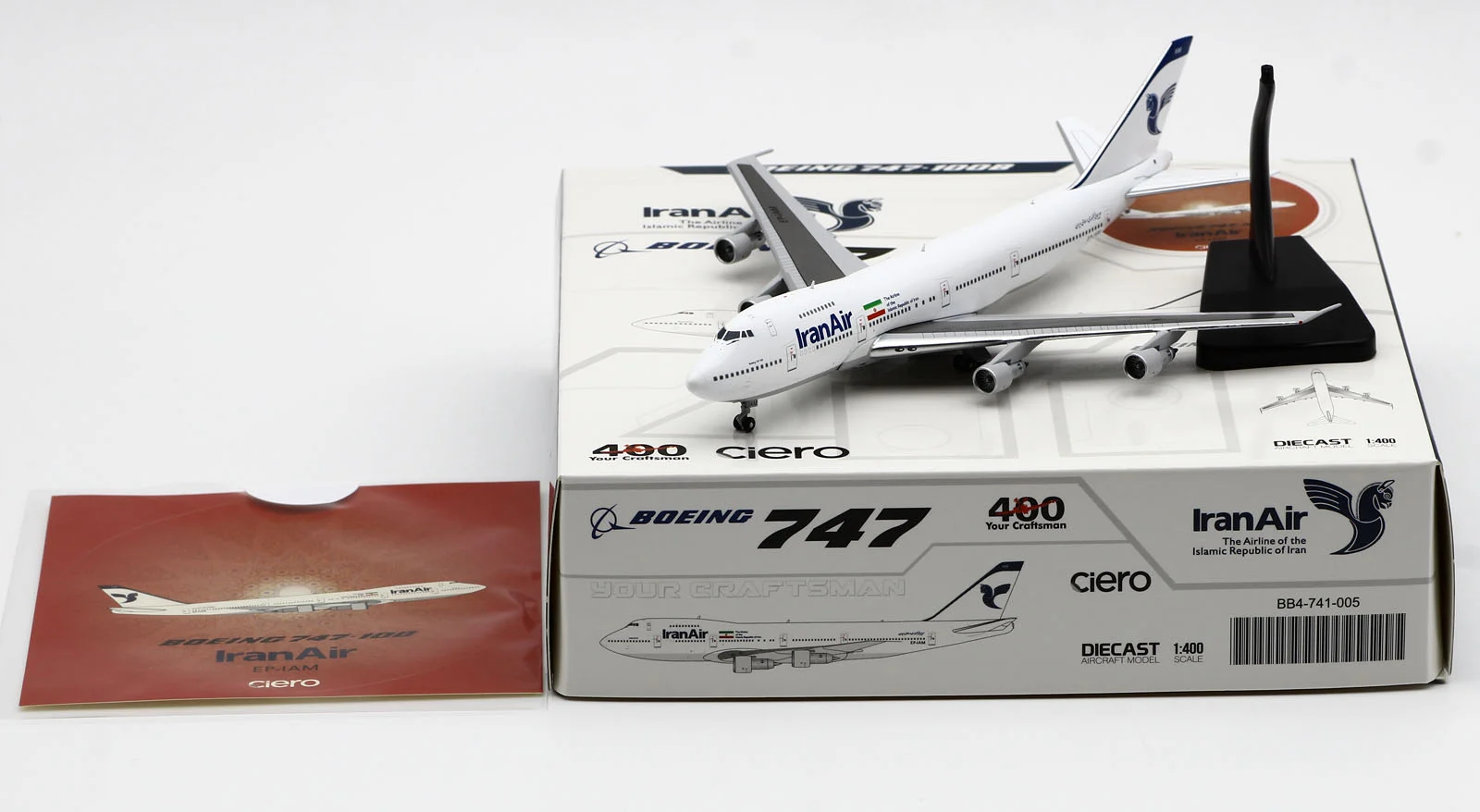 Collectible Diecast Aircraft Model Boeing B747-100B BB4-741-005 JC Wings 1:400 Iran AIR Reg: EP-IAM