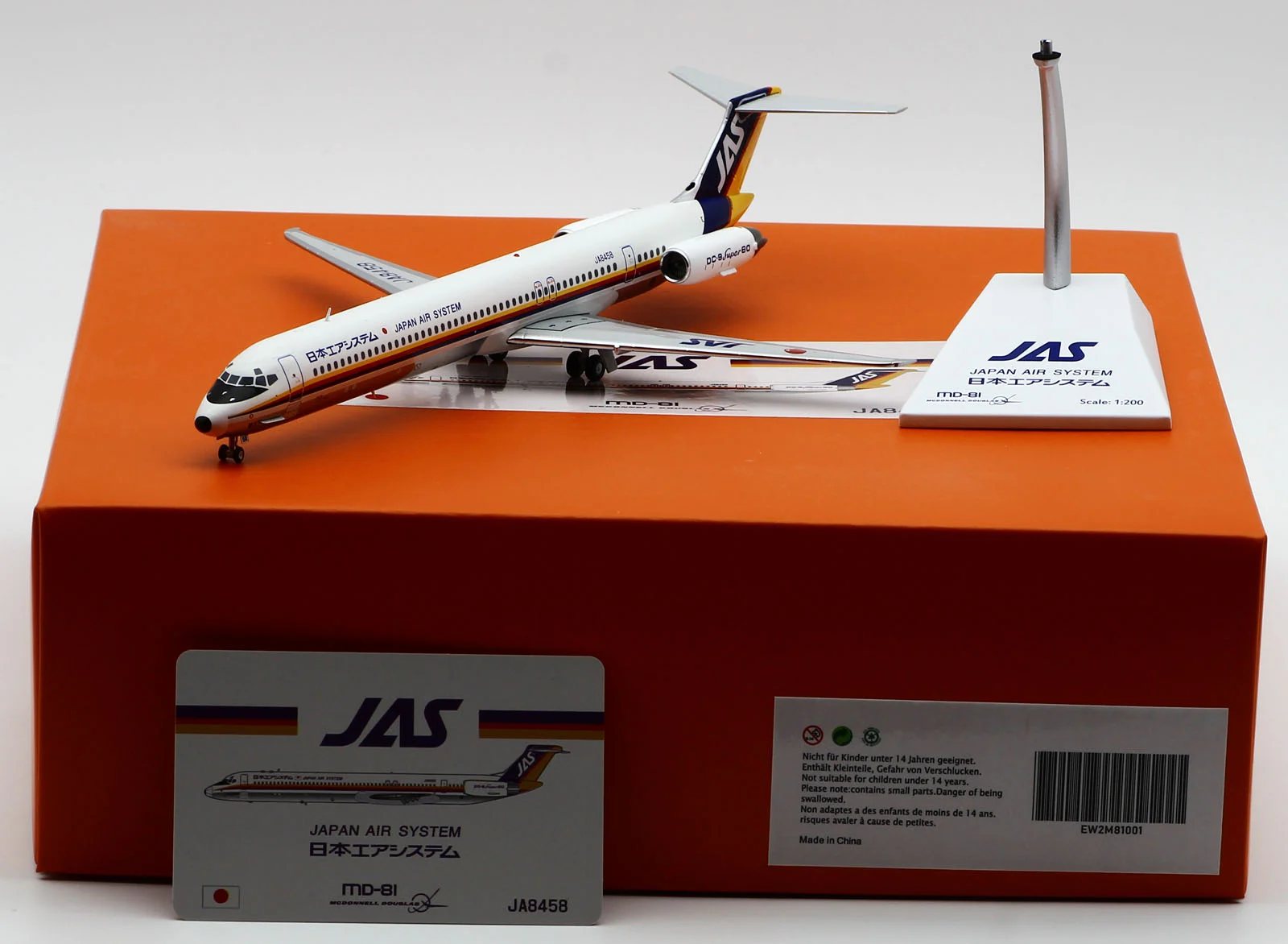Collectible Diecast Aircraft Model MCDONNELL DOUGLAS MD-81 EW2M81001  JC Wings 1:400 JAPAN AIR SYSTEM JAS Reg: JA8458