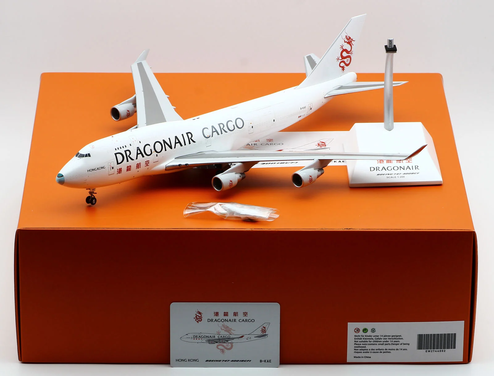 Collectible Diecast Aircraft Model Boeing B747-400(BCF) EW2744002 JC Wings 1:200 Dragonair Cargo Reg: B-KAE