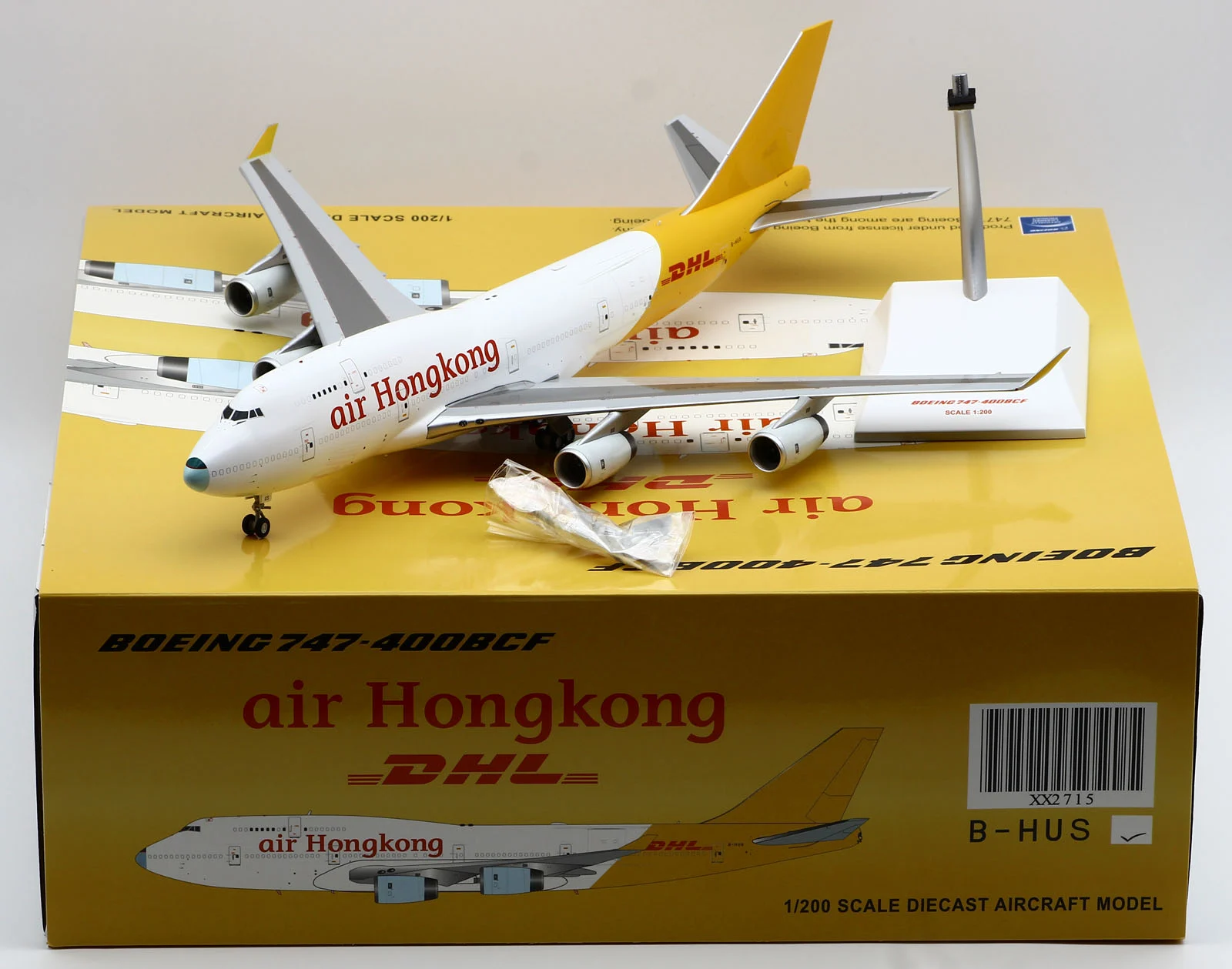 Collectible Diecast Aircraft Model Boeing B747-400BCF XX2715 JC Wings 1:200 Air Hong Kong Reg: B-HUS